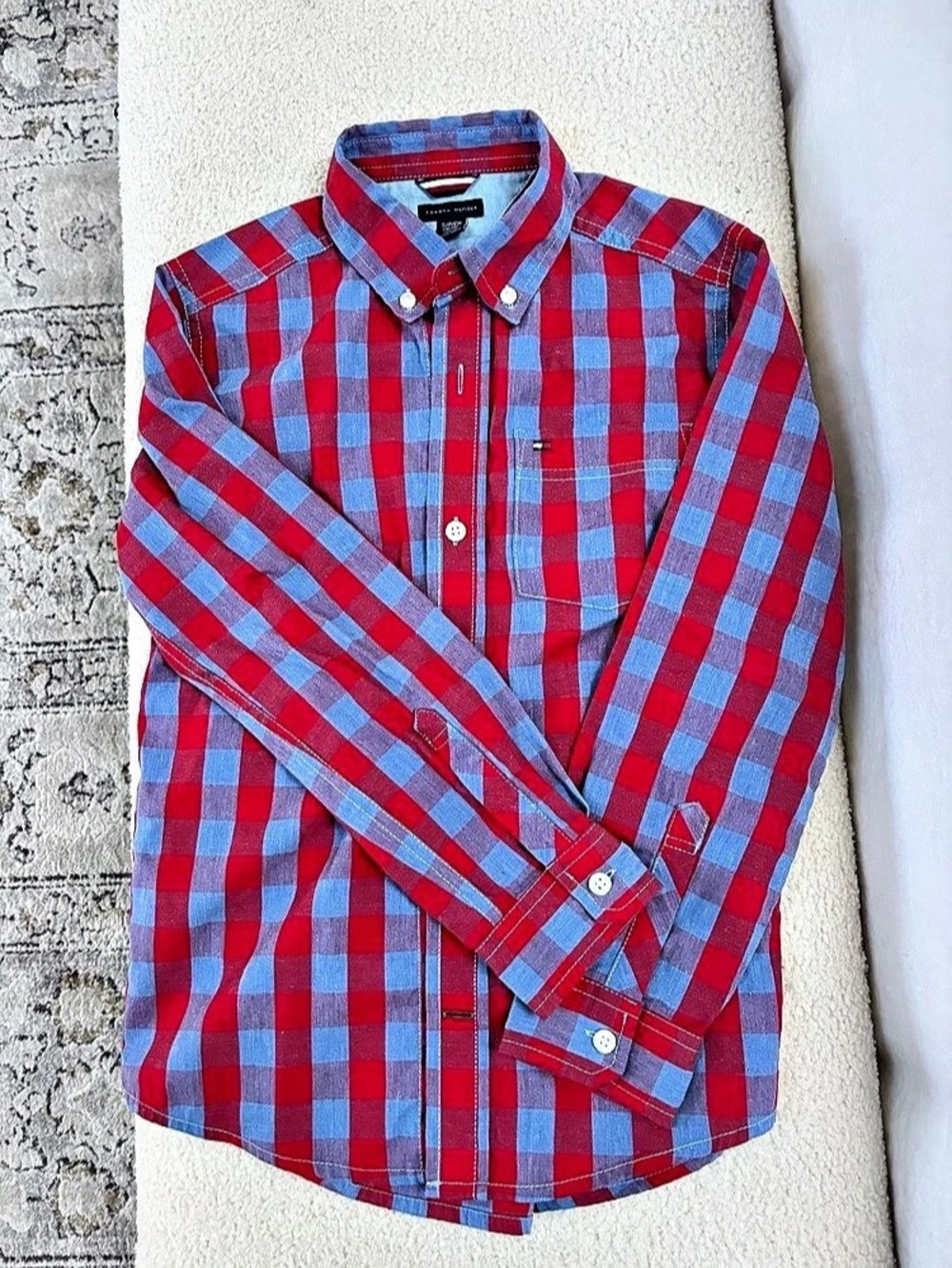 Tommy Hilfiger Boys Plaid Check Button-Down Shirt Red & Blue Size Small (8-10)